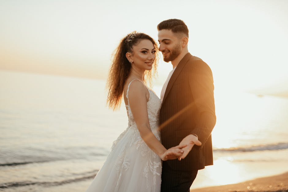 A lovely wedding couple at sunset